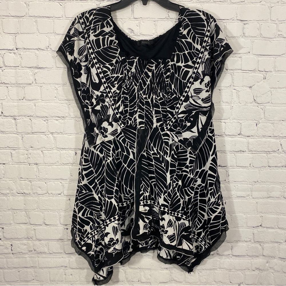 Style & Co Womens Tunic 1X Black White Square Neck Stretch Top